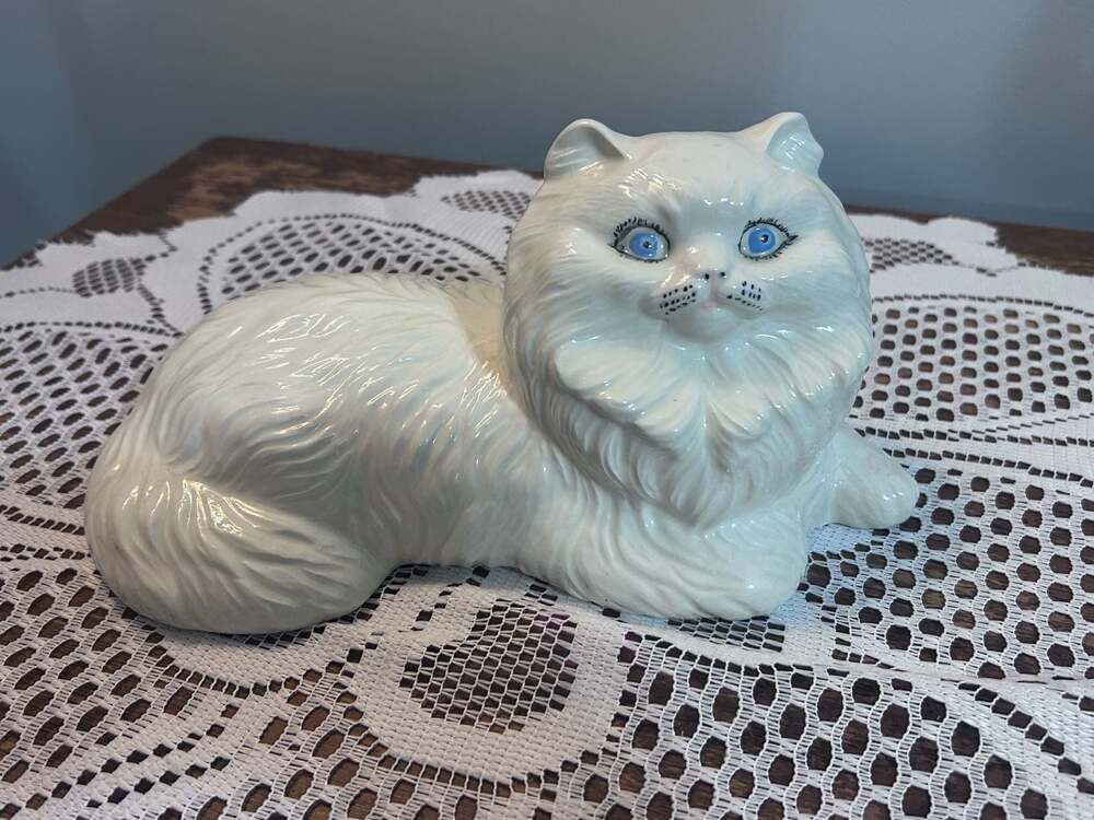 Vintage White Glazed Ceramic Persian Cat Figurine Statue
